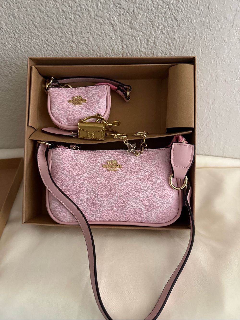 Coach Pink Signature Leather Shoulder Bag with Mini Pouch NEW